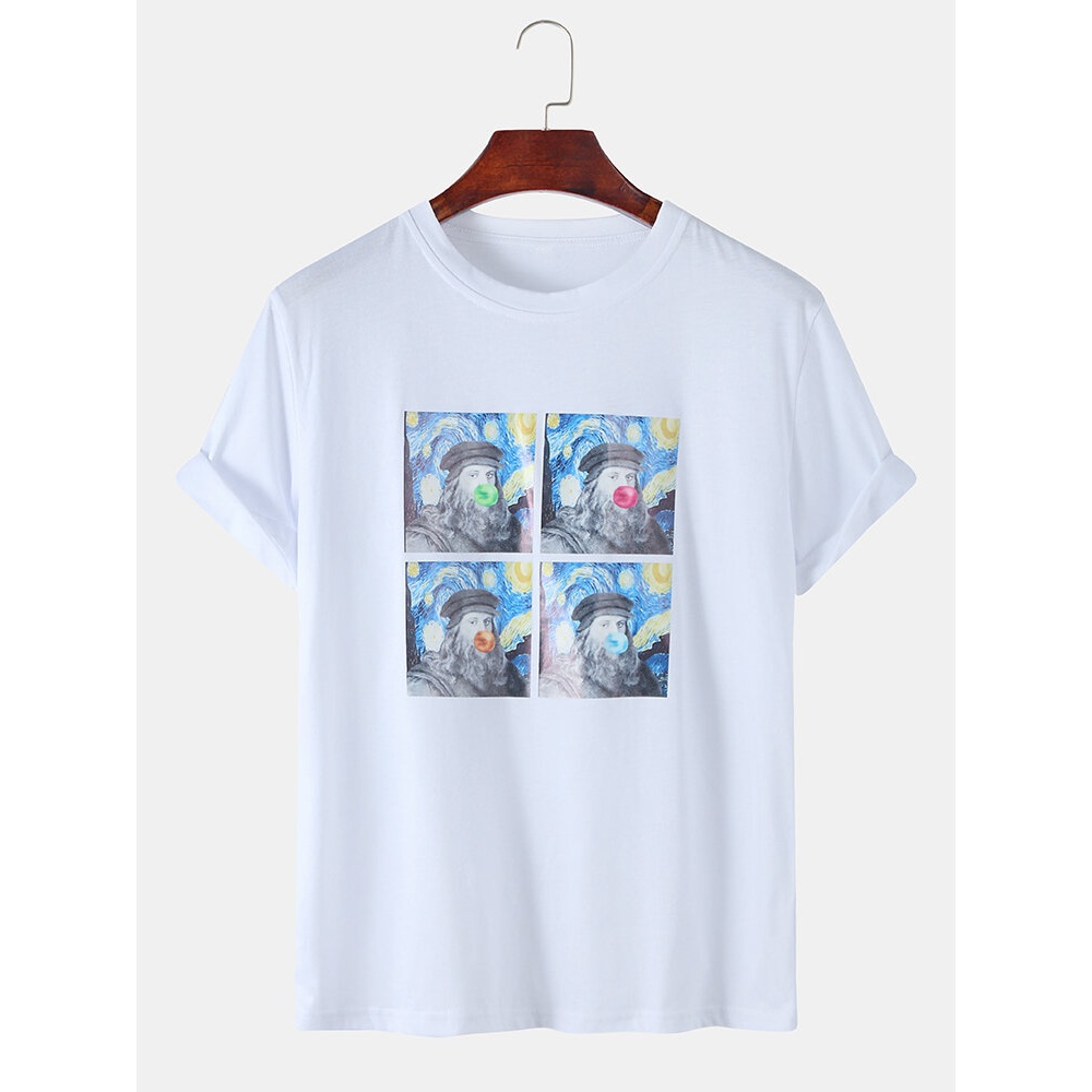 Mens Funny Oil Print Van Gogh Stars Designer Short Sleeve T-Shirts - White S