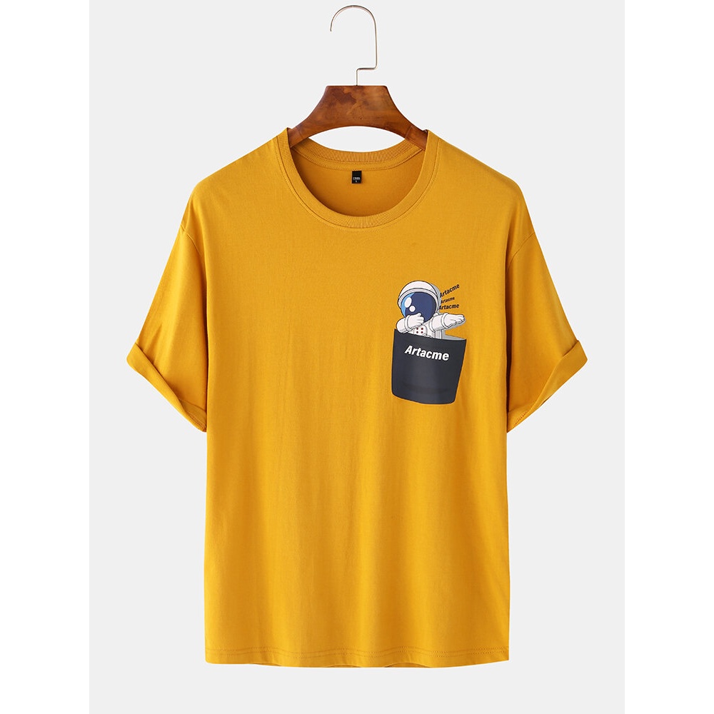 Cotton Funny Spacemen Cartoon Breathable Loose Fit Casual T-Shirts - White S