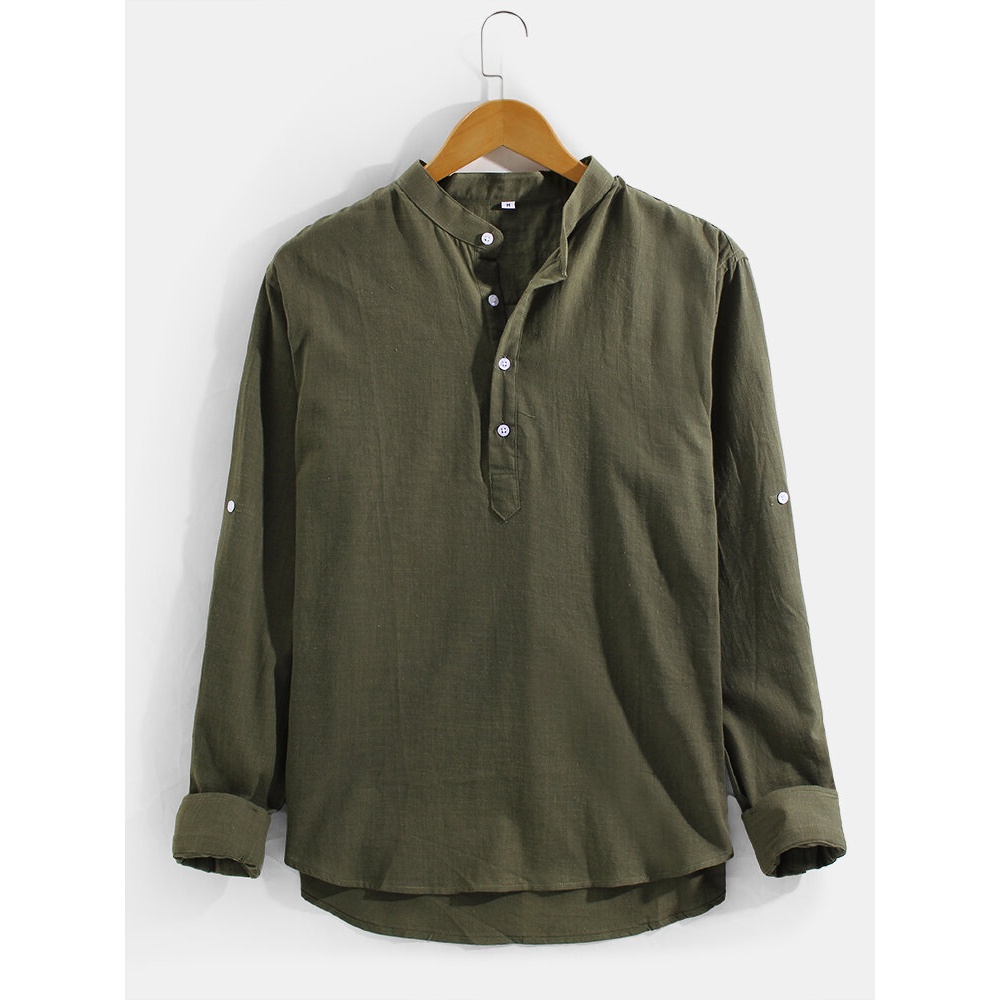 Mens Vintage Solid Color Long Sleeve High-low Hem Henley Shirts - 2XL Black