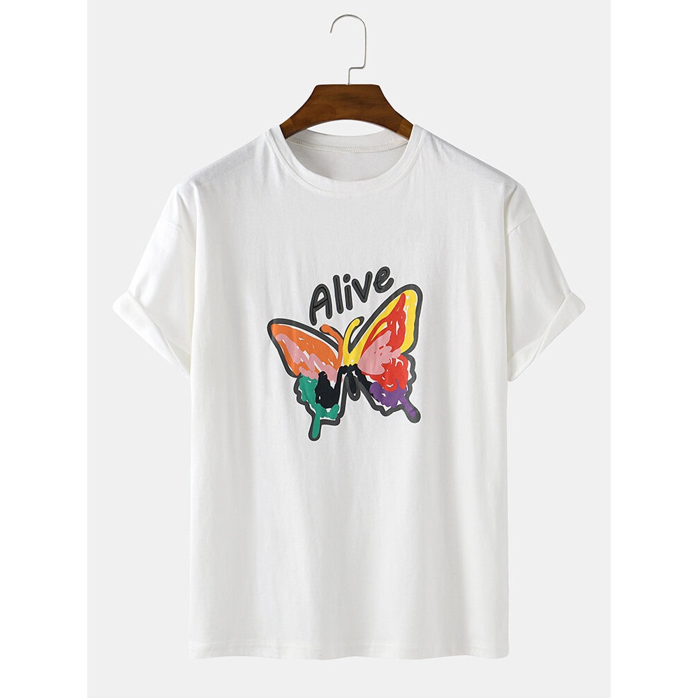 Cotton Graffiti Colorful Butterfly Print Round Neck Short Sleeve Breathable T-Shirts - Green M