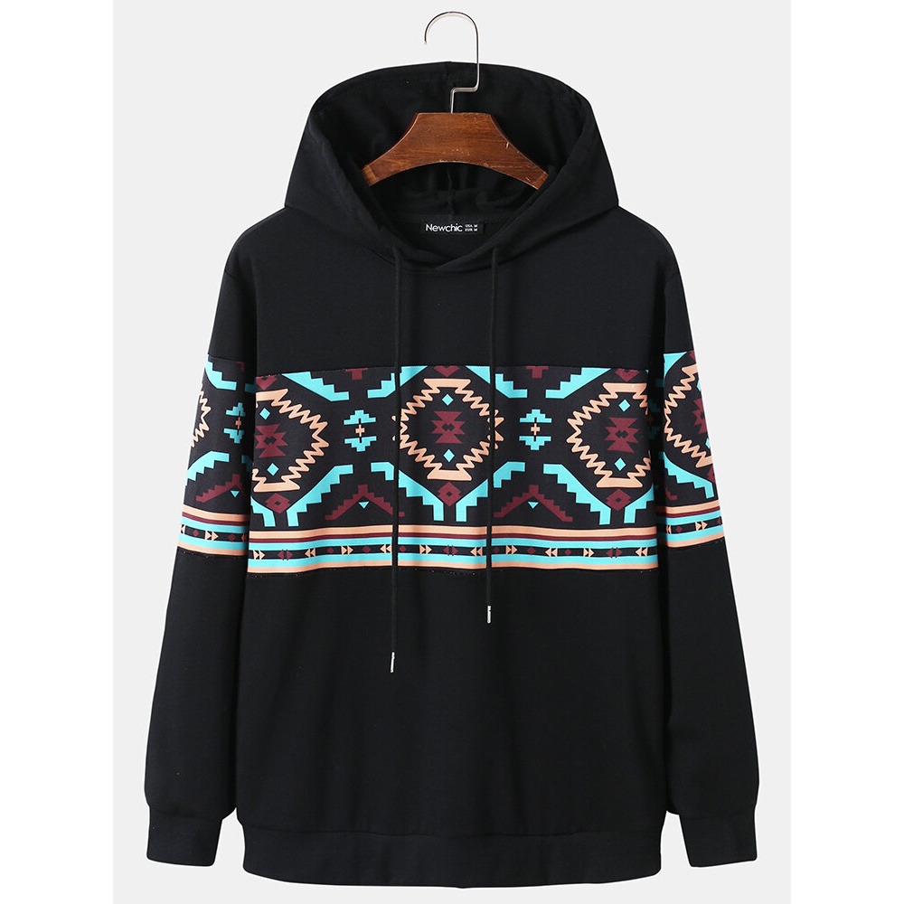 Men Ethnic Lattice Drawstring Long Sleeve Casual Hooded Sweatshirt - Black S