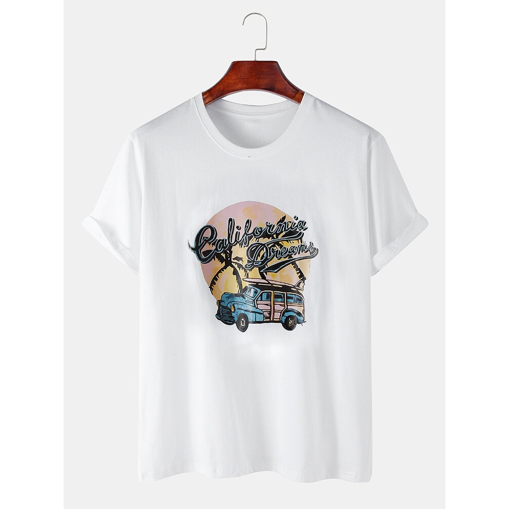 Cartoon Car Pattern Text Print Cotton Casual Short Sleeve T-Shirts - White S