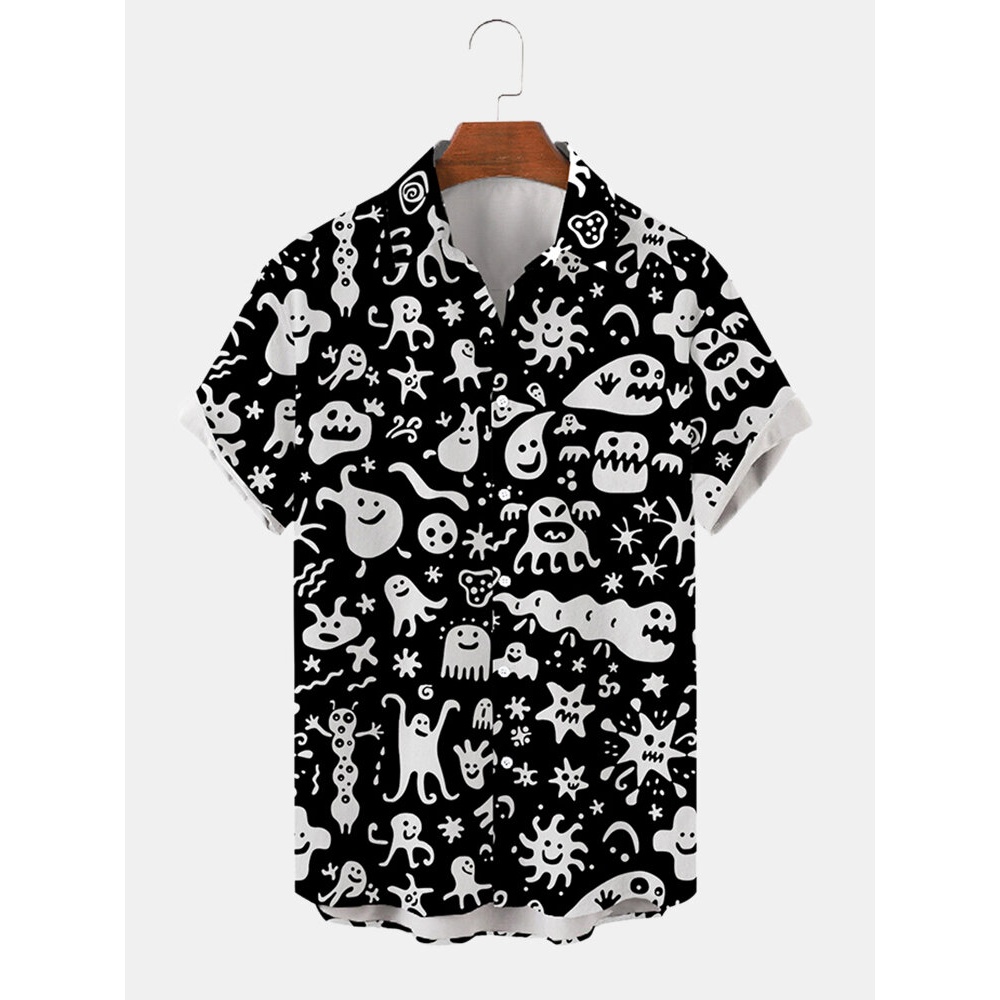 Mens  Full Prints Graffiti Ghost Short Sleeve Shirt - Black S