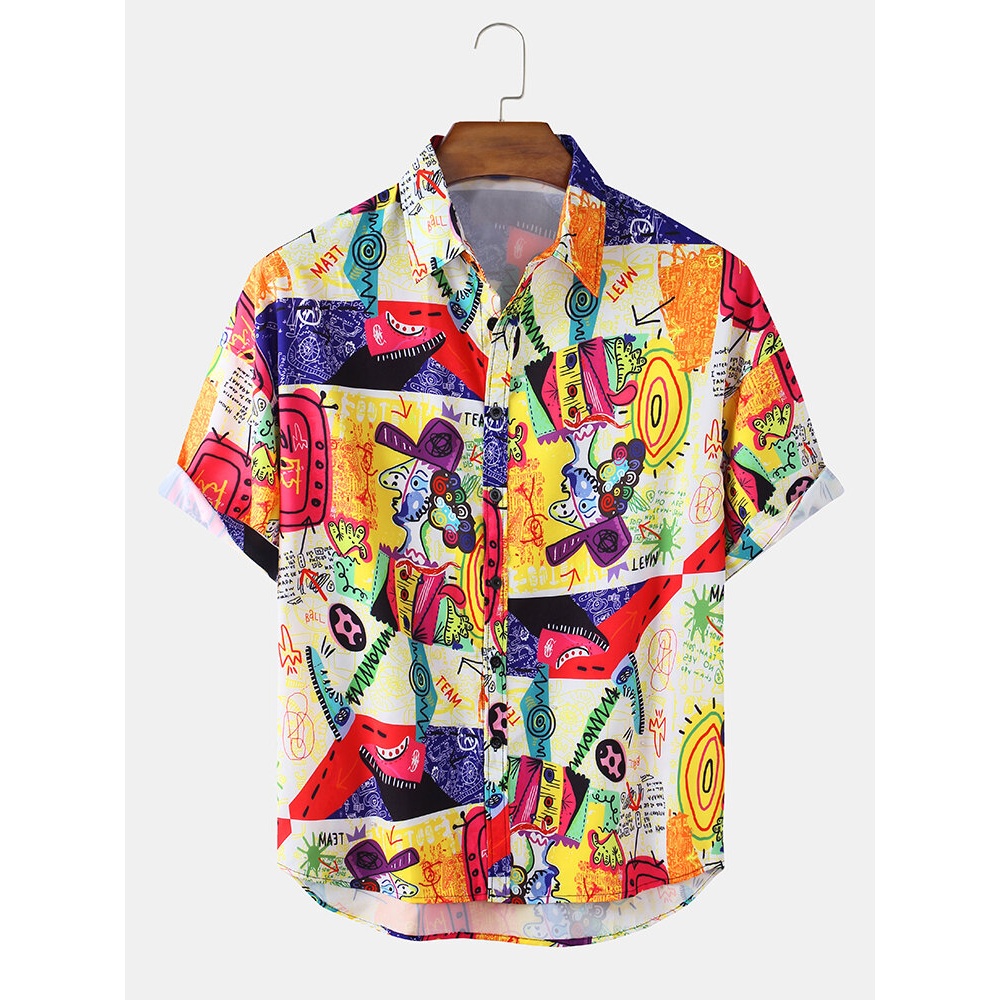 Mens Funny Graffiti Cartoon Print Turn Down Collar Short Sleeve Shirts - Black 2XL