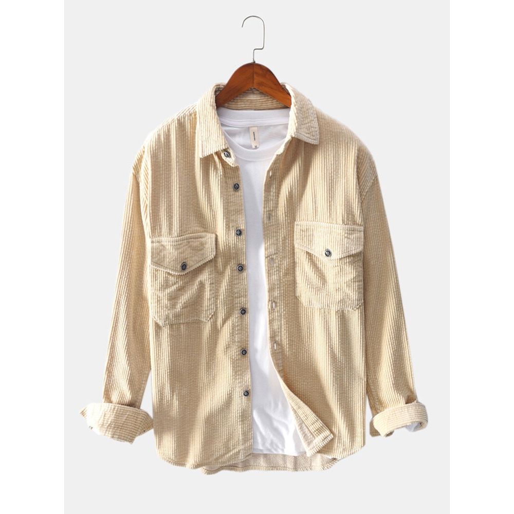 Mens Vintage Corduroy Big Chest Pocket Solid Color Long Sleeve Shirts Jackets - Black 3XL