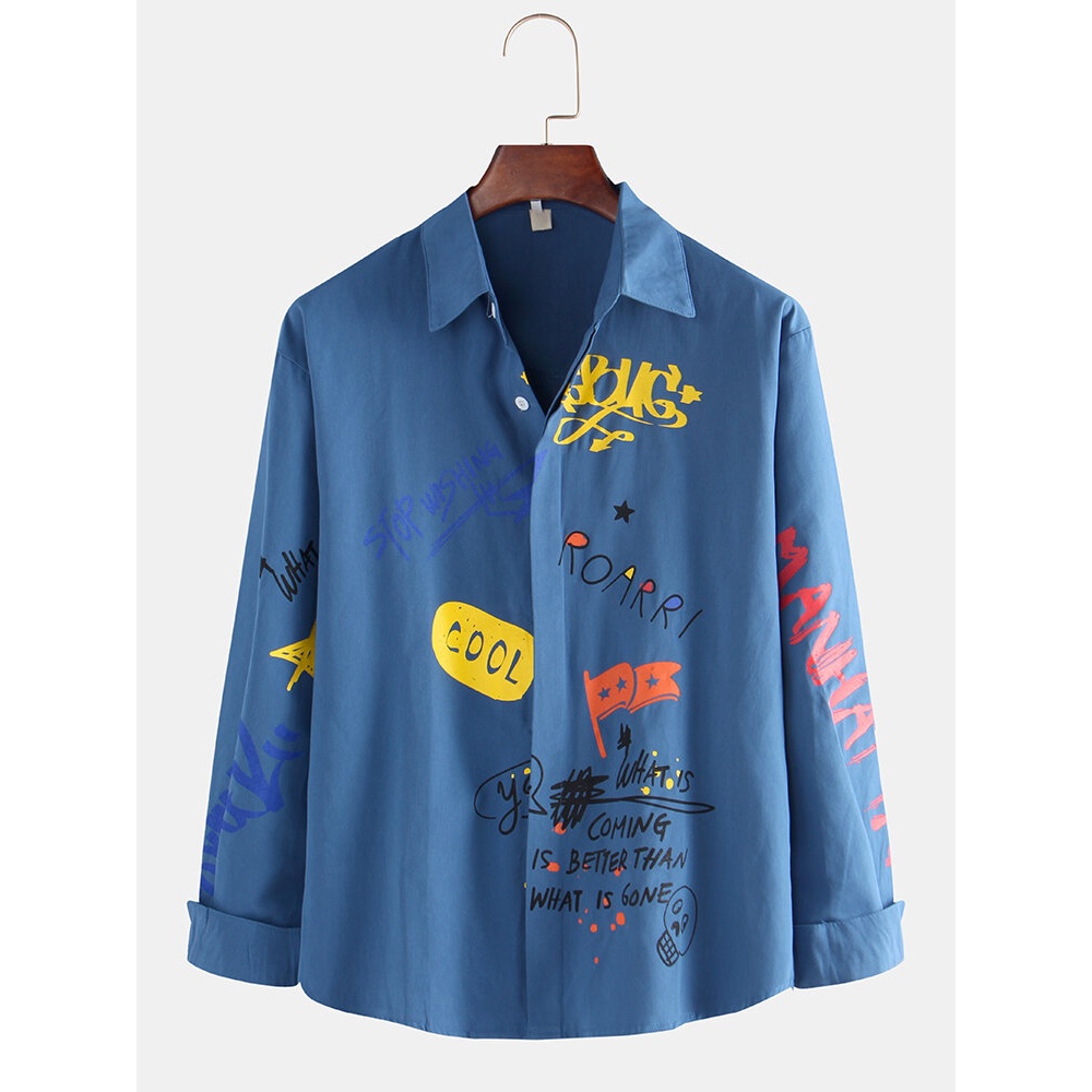 Mens Fashion Graffiti Printing Long Sleeve Turn Down Collar Casual Shirts - L Yellow