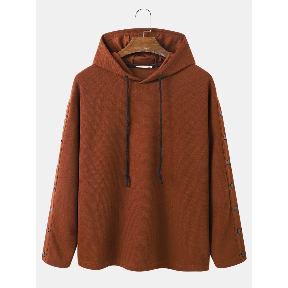 Men Retro Corduroy Solid Color Long Sleeve Button Hooded Sweatshirt - Coffee S