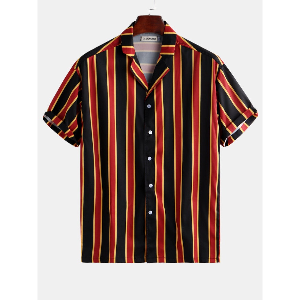 Mens Contrast Color Stripe Printed Summer Holiday Shirts - L Red