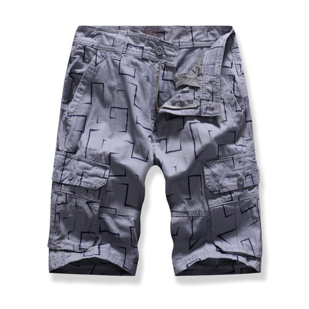 Season New Men's Multi-pocket Geometric Pattern Printing Large Size Tooling Shorts Thin Section Casual Beach Pants - 38 Gray - Image 2