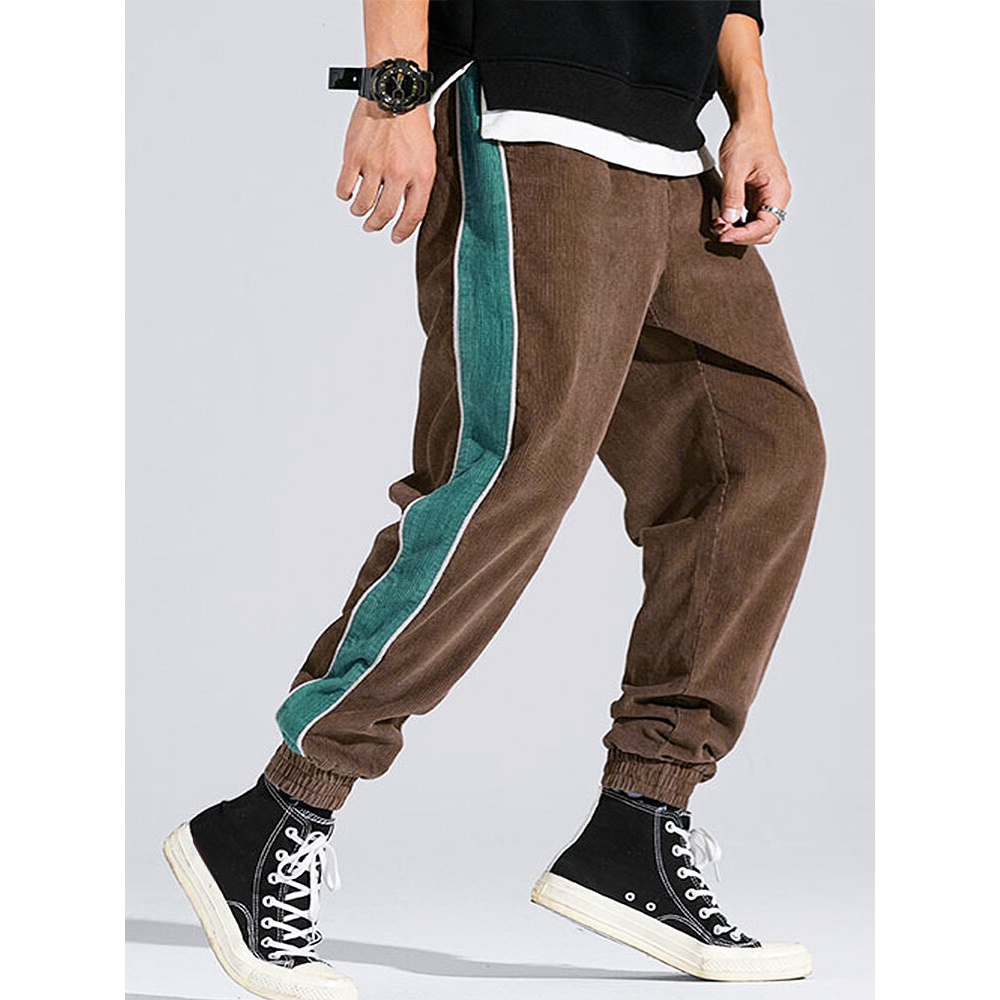 Corduroy Mens Side Stripe Pocket Drawstring Beam Feet Casual Pants - Coffee S