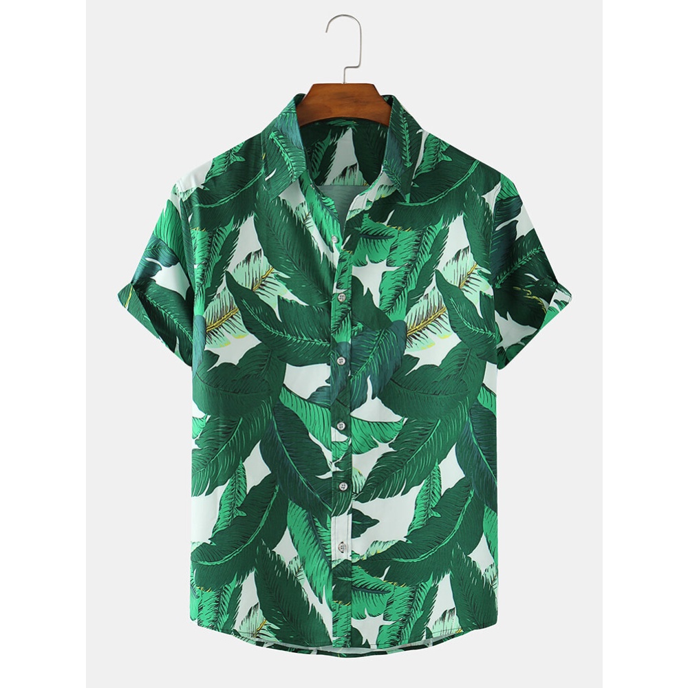 Mens Allover Green Leaf Print Loose Light Casual Short Sleeve Shirts - Green M