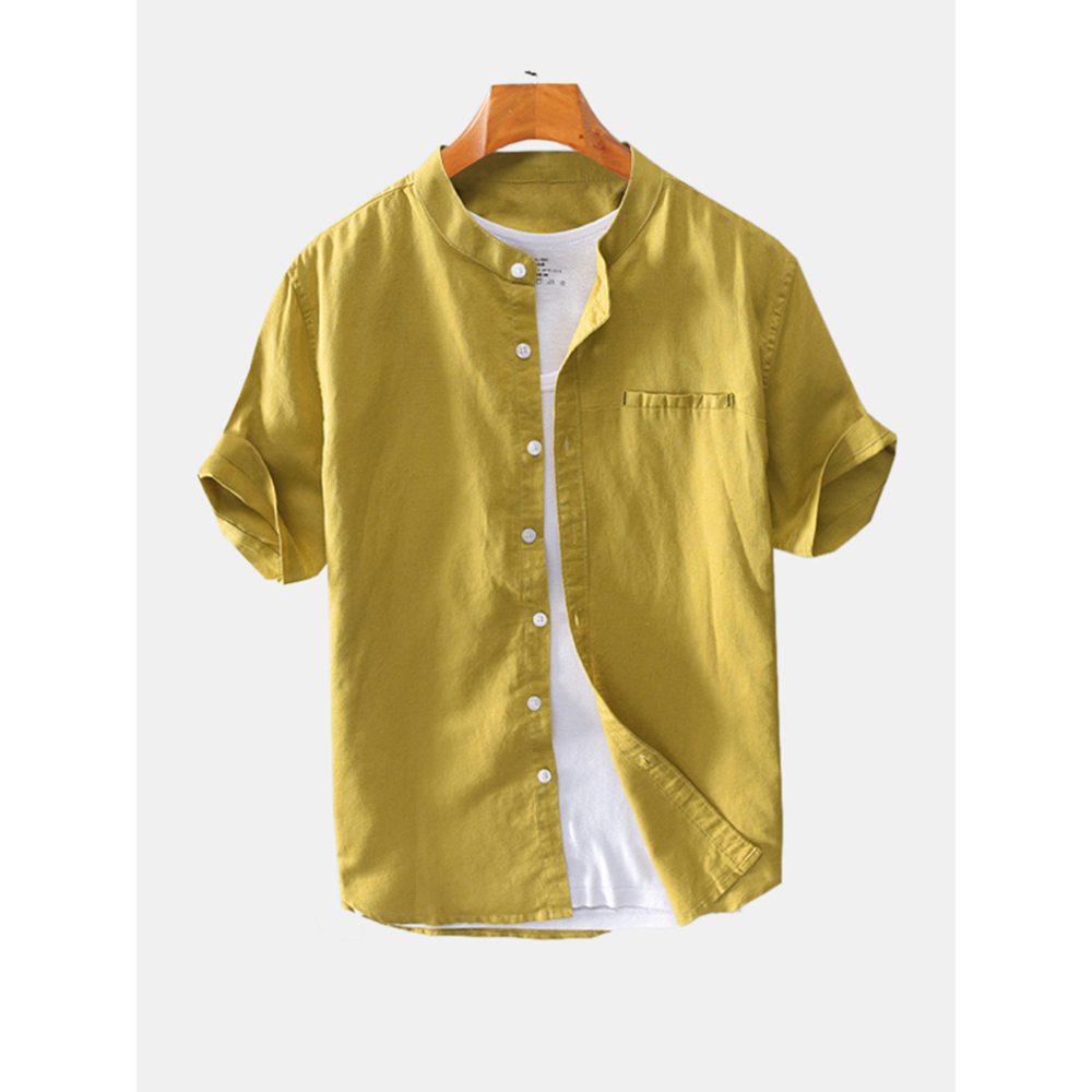 Mens Summer Cotton Pocket Solid Color Single Breasted Shirts - 2XL White