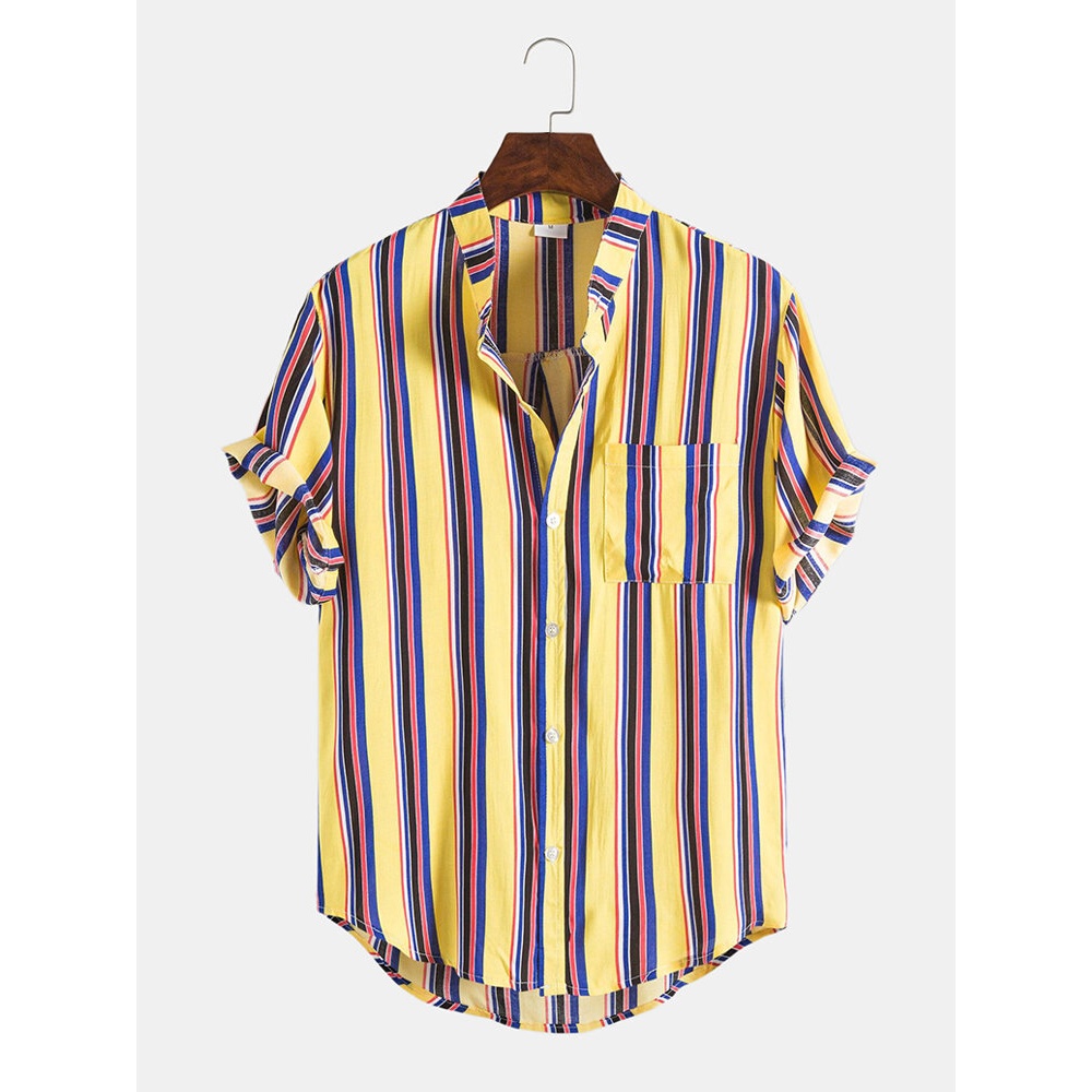 Mens Vertical Stripe Stand Collar Short Sleeve Casual Shirts - Yellow L