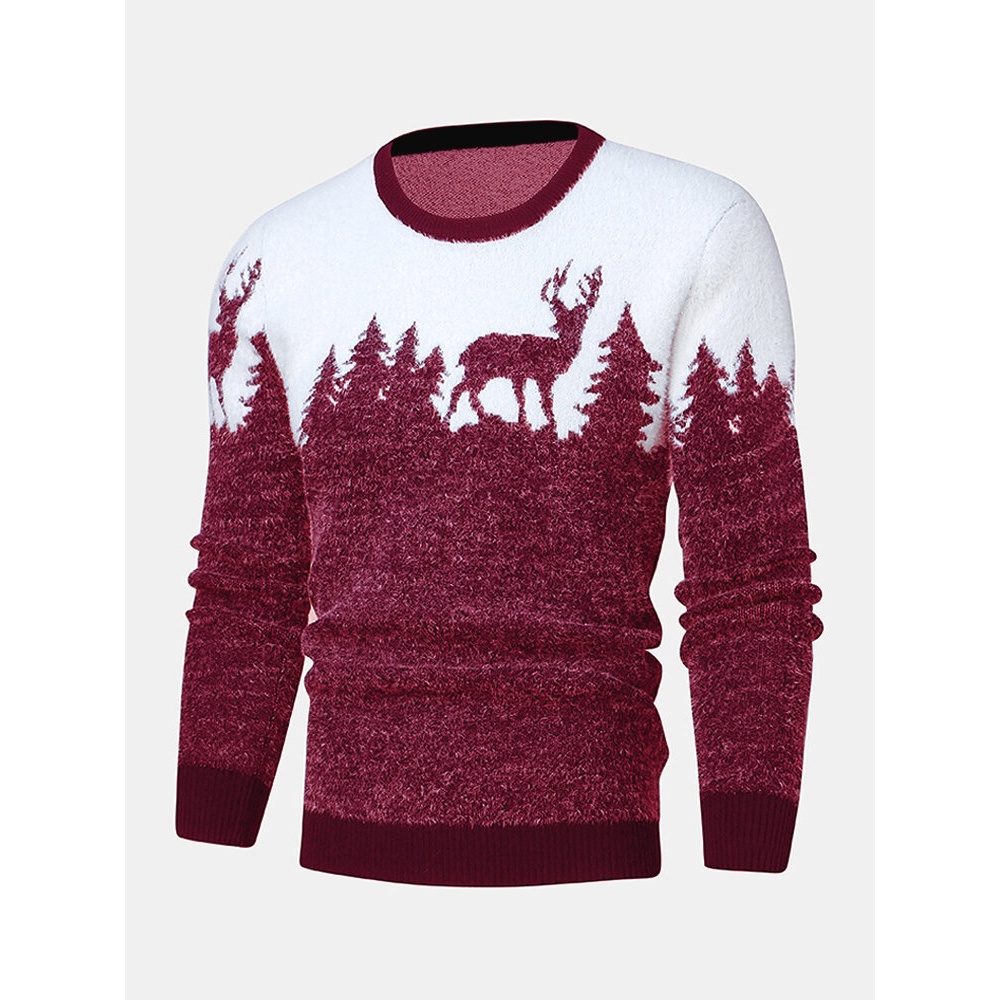 Mens  Tree & Deer Knitted Graphics Long Sleeve Casual Sweaters - Red L