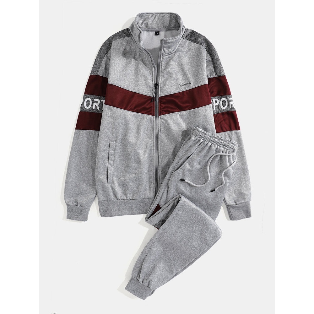 Mens Patchwork Stand Collar Jacket Jogger Pants Sports Zipper Two-Piece Outfits - Grey S