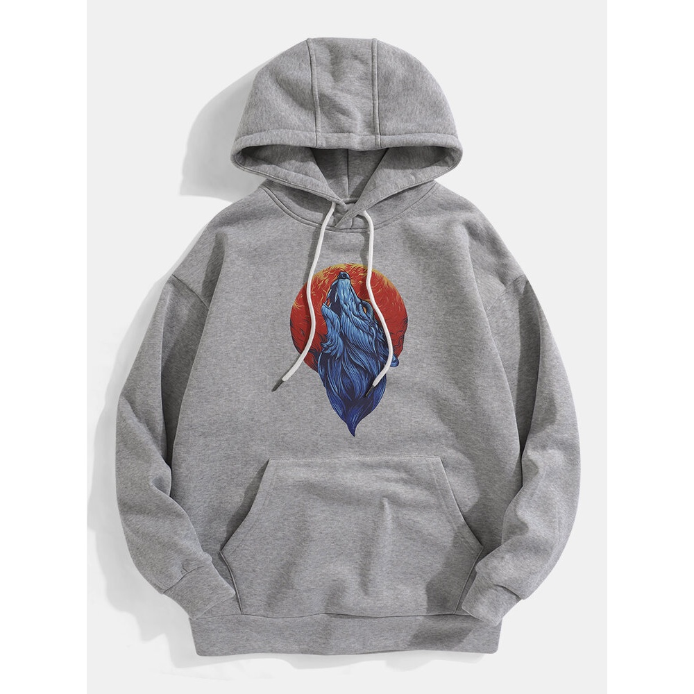 Mens Print Drop Shoulder Long Sleeve Drawstring Hoodies With Kangaroo Pocket - Orange M