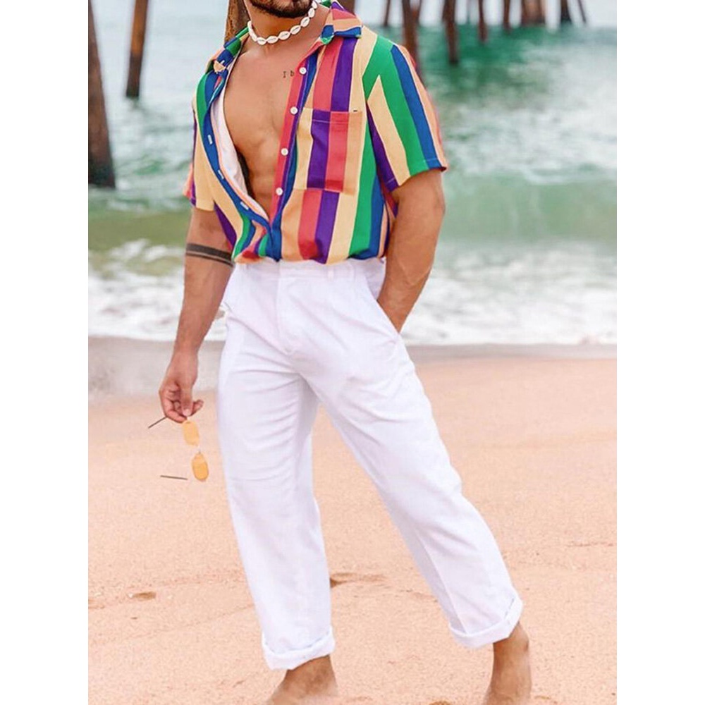 Mens Summer Fashion Rainbow Colorful Striped Shirts - S As Picture