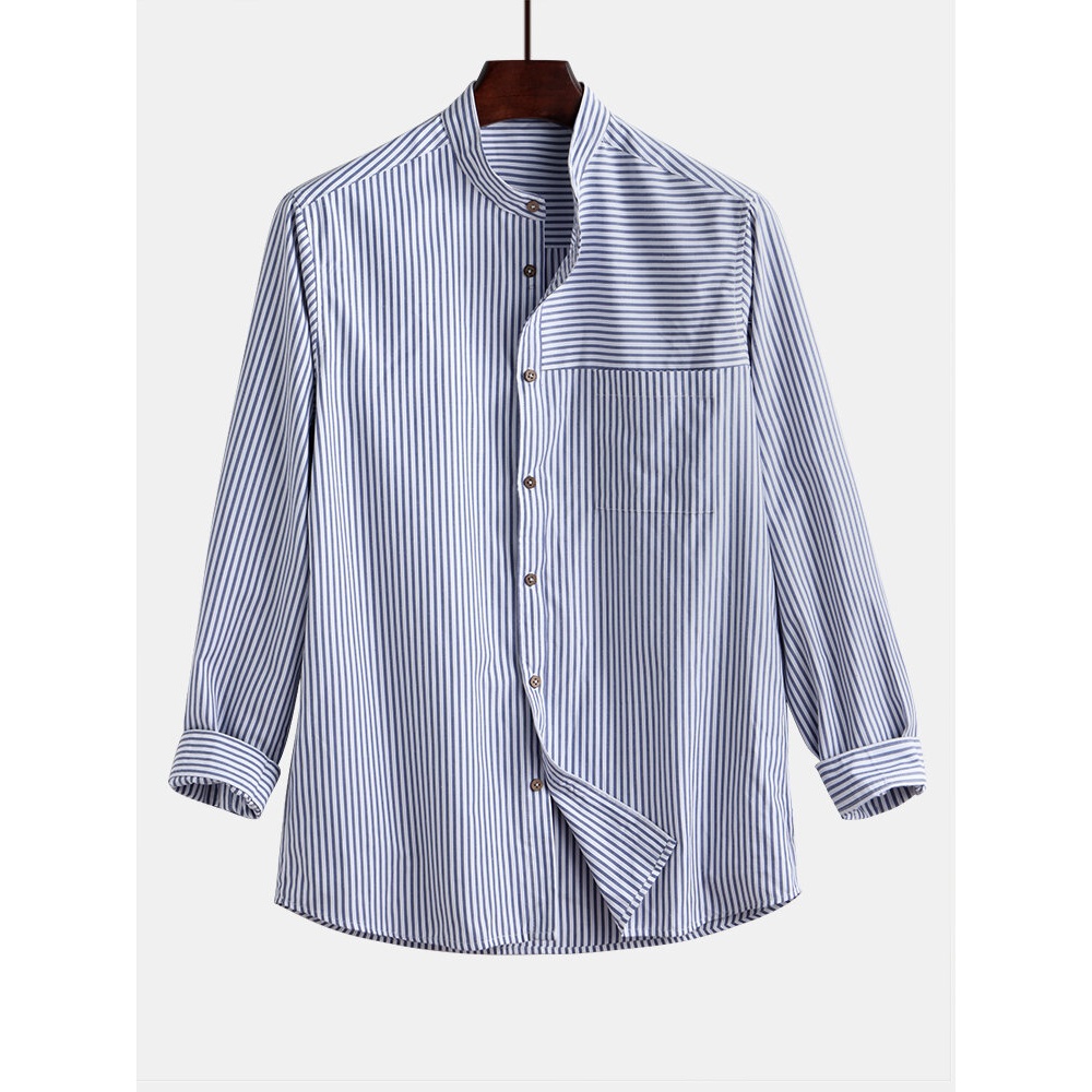 Mens Stripe Cotton Stand Collar Breathable Shirts - 2XL Blue