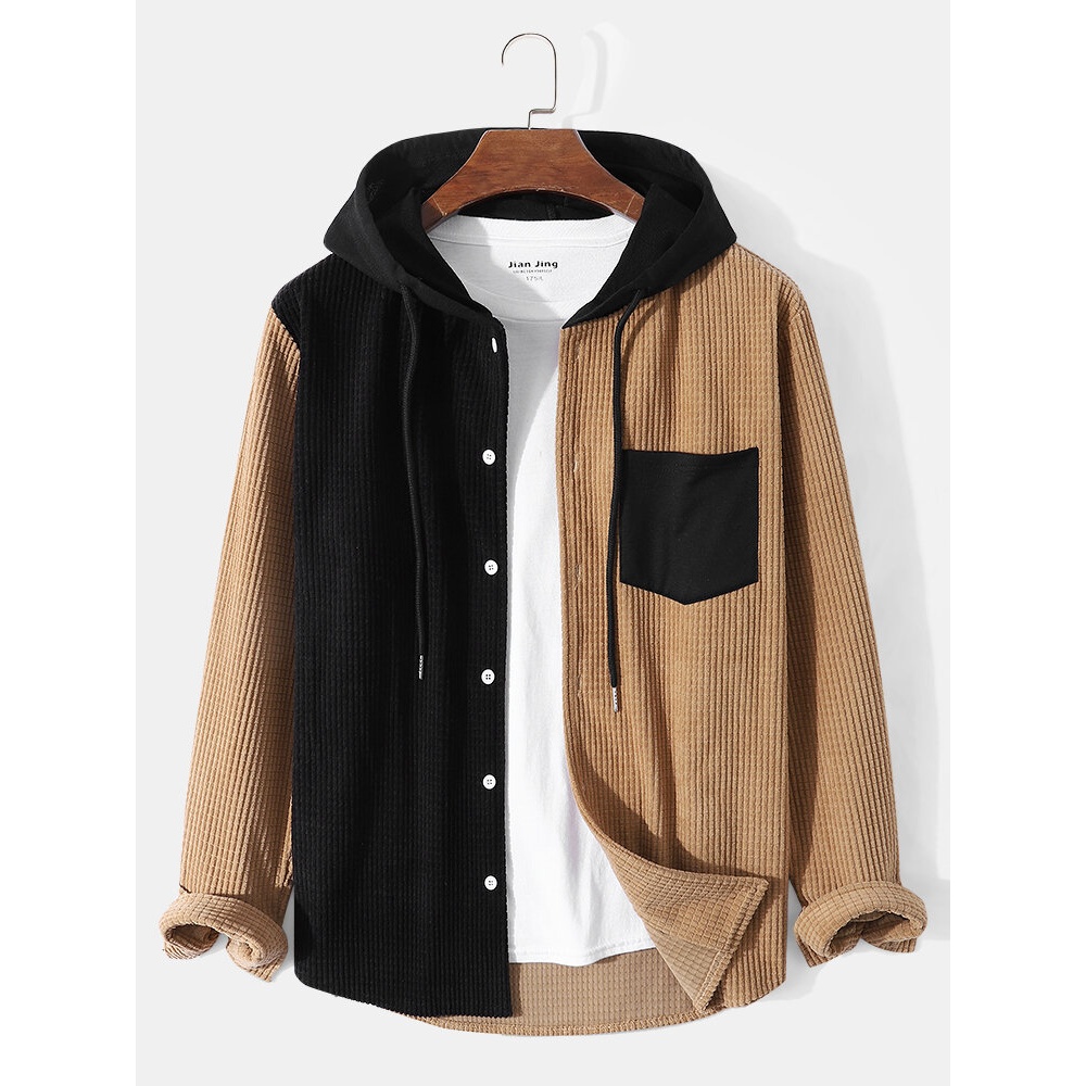 Mens Casual Corduroy Hooded Button Pocket Comfy Shirts - Apricot XL