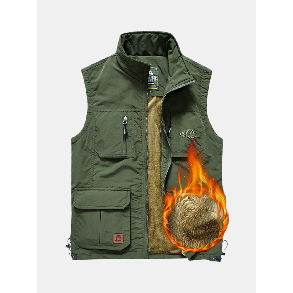 Mens Fleece Lining Thickened Warm Multi Pockets Outdoor Vest - M Navy Blue