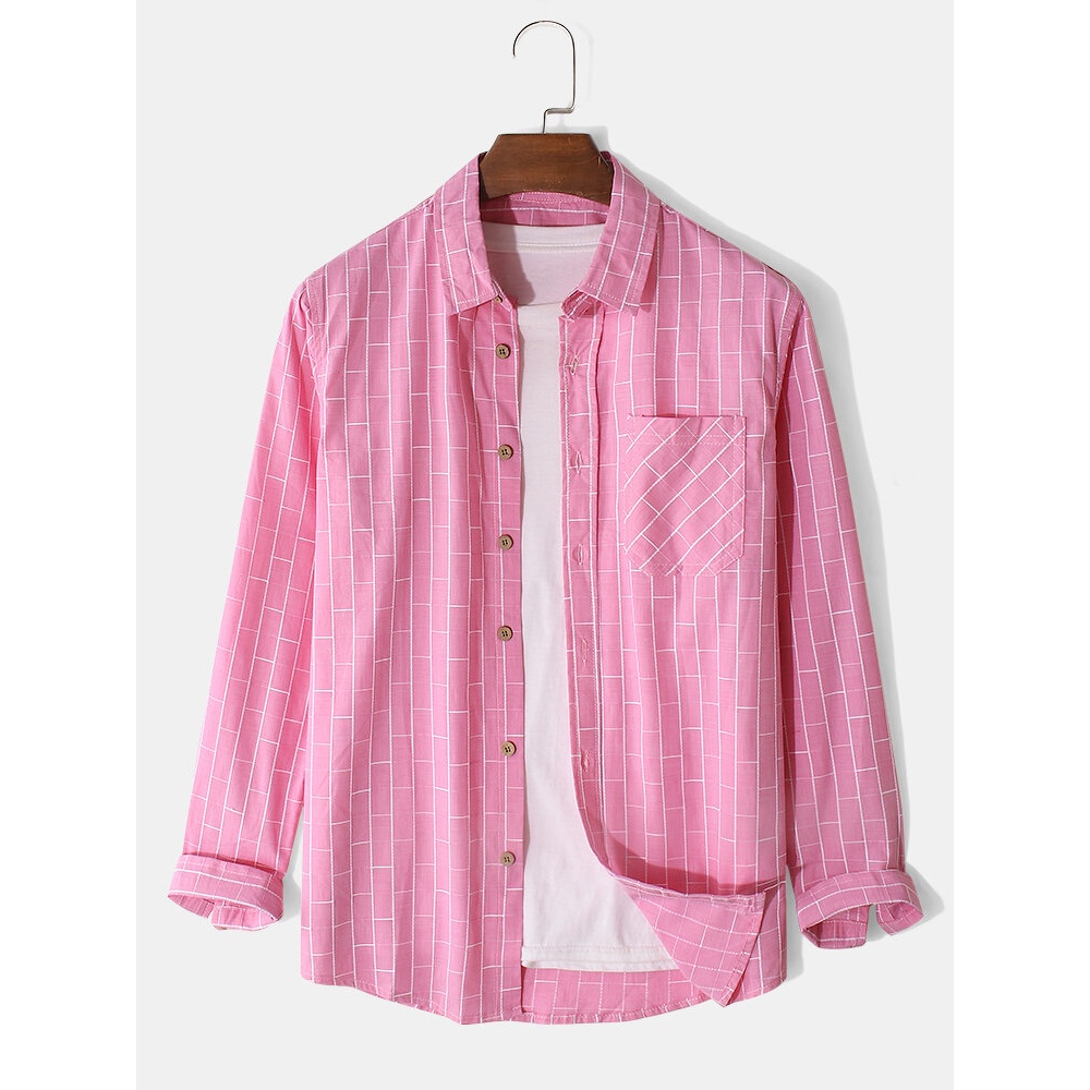 Mens Irregular Plaid Print Cotton Lapel Button Up Light Long Sleeve Shirt With Pocket - Pink S