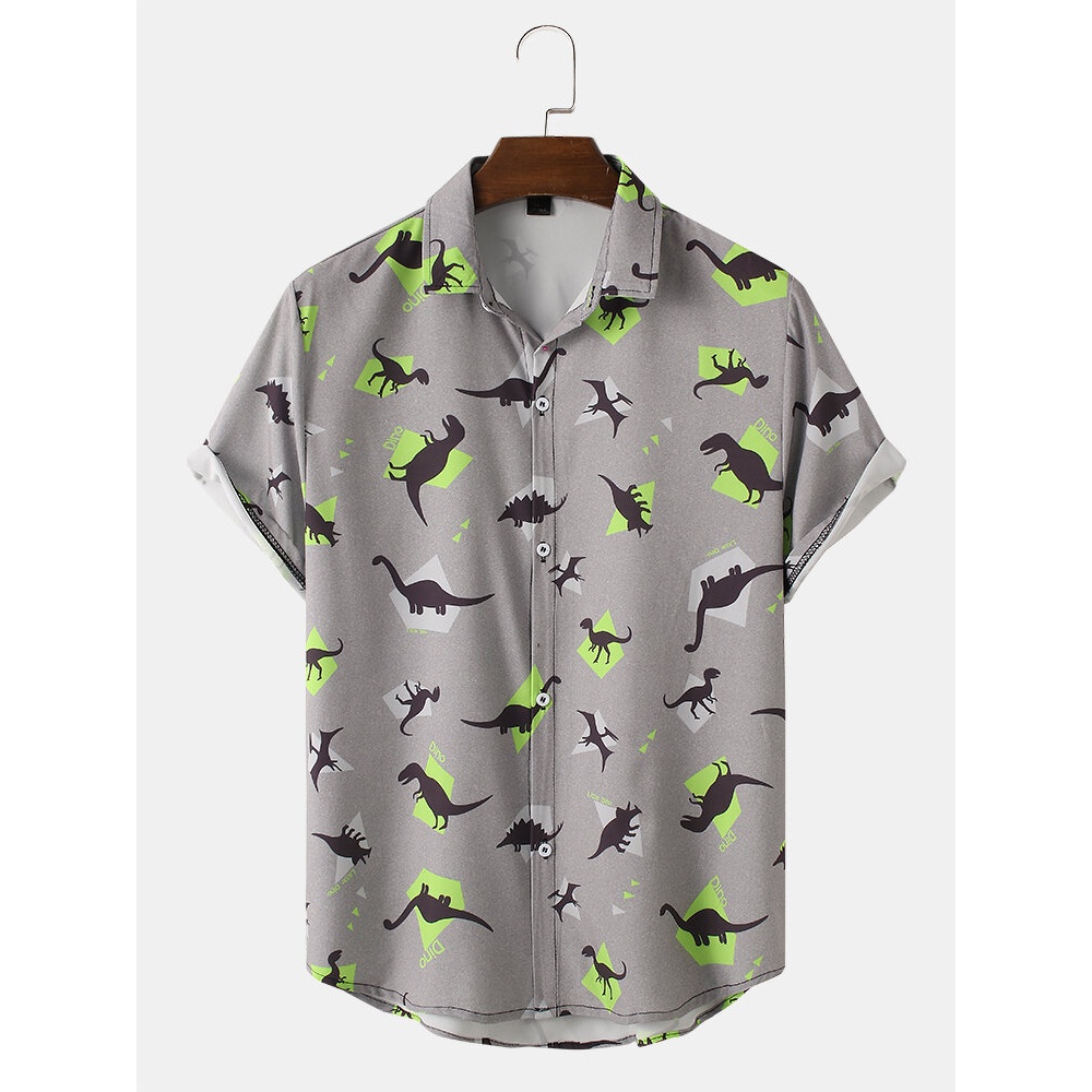 Mens Funny Dinosaur Cartoon Casual Shirts - Grey M