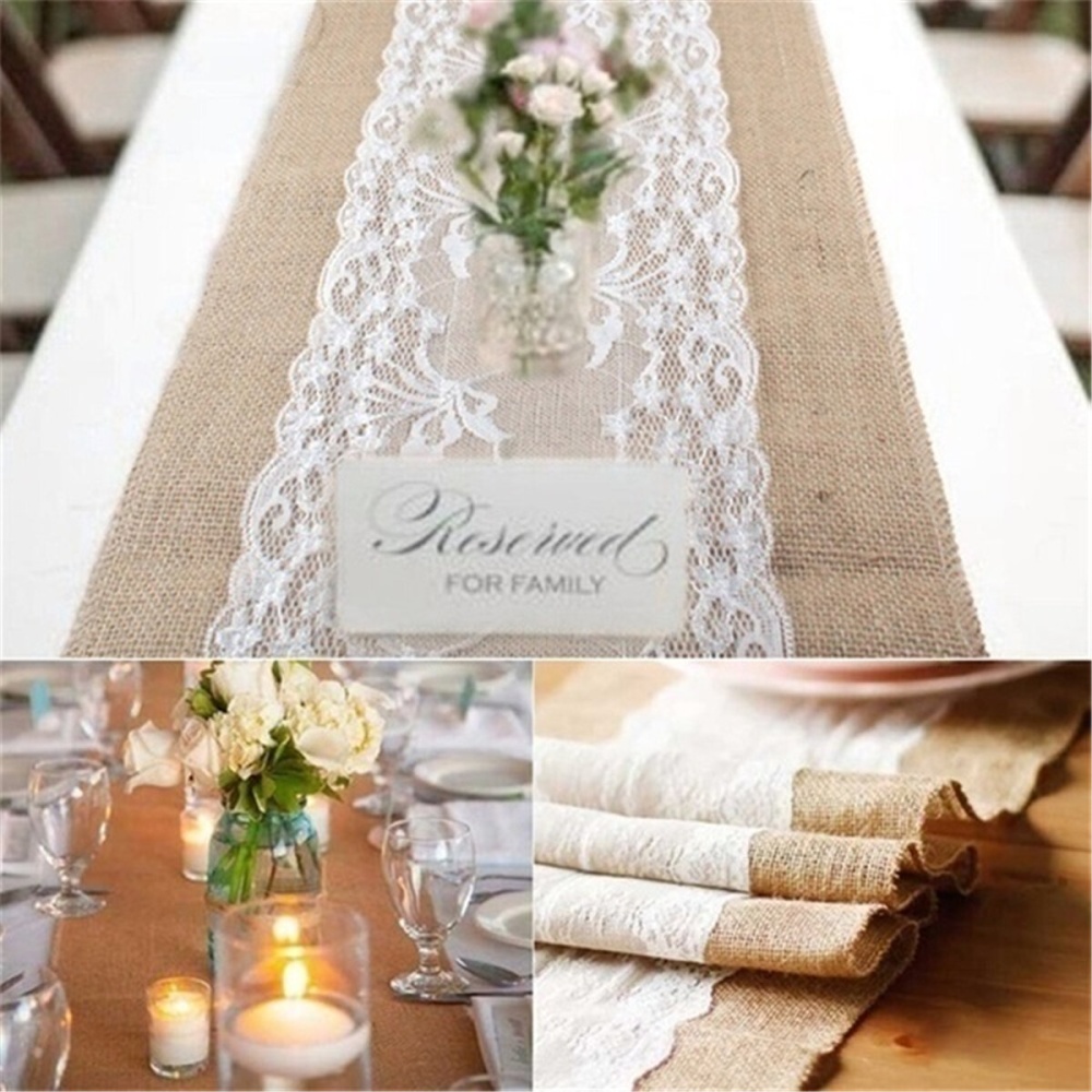 Vintage Rustic Burlap Hessian Lace Table Runner for Wedding Decoration - Image 2