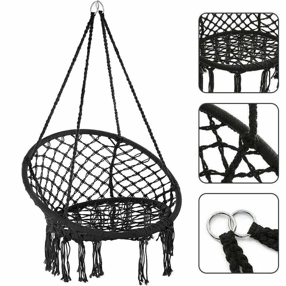 Cotton Hammock Seat Hanging Chair Tassel Deluxe Swing Chair Max Load 120kg Outdoor Indoor Patio Garden - White - Image 2