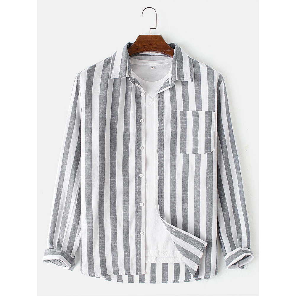 Mens Cotton Basic Stripes Print Lapel Collar Leisure Regular Fit Shirts - Grey S