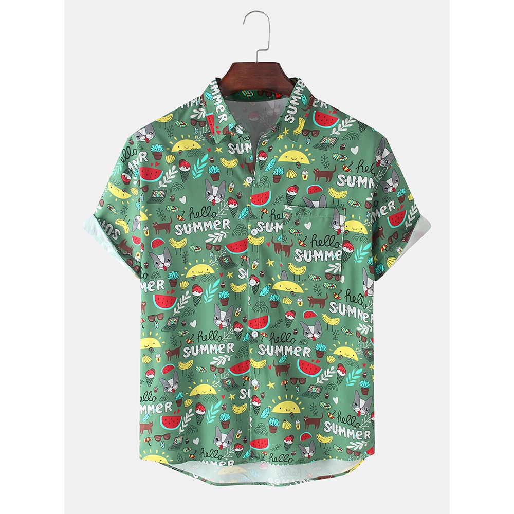Mens Cartoon Fruit Animal Print Turn Down Collar Short Sleeve Shirts - Green L