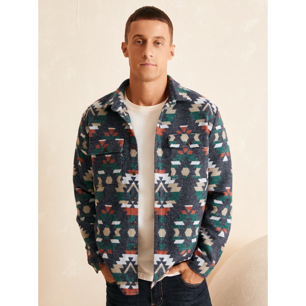 Men  Printed Chest Pockets Button Lapel Long Sleeve Shirts - Blue S