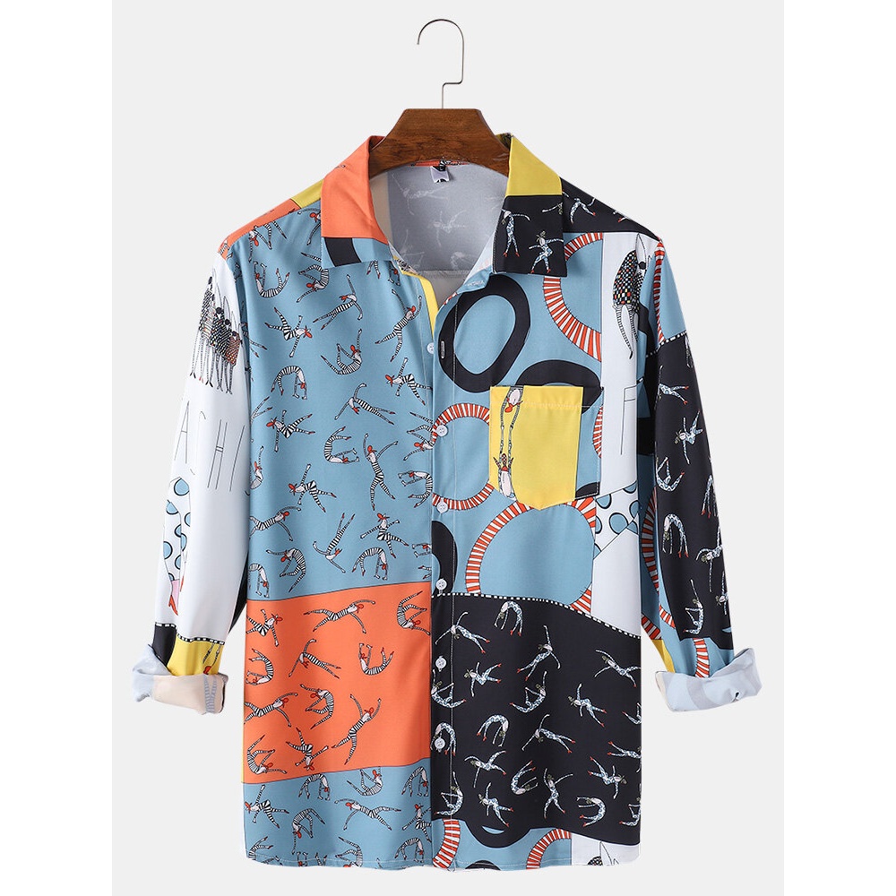Mens Cartoon Figure Print Color Block Button Up Long Sleeve Casual Shirts - Green 2XL