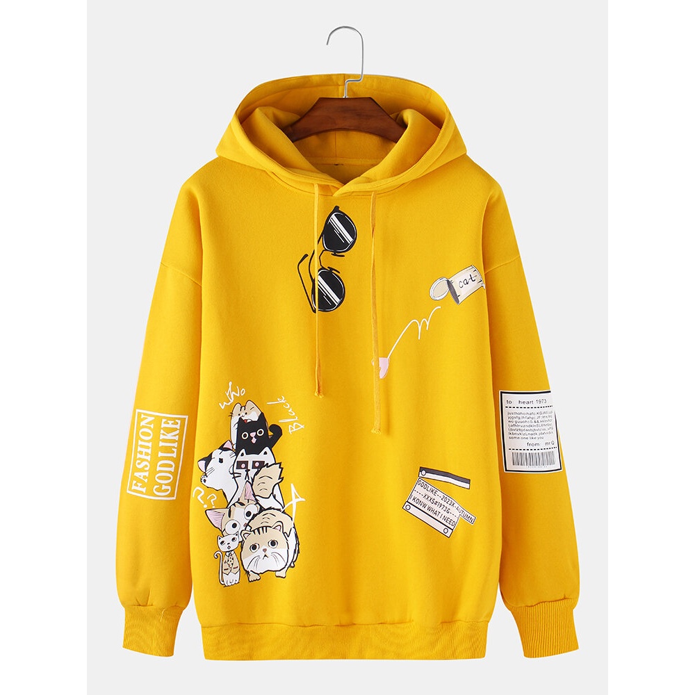 Cute Cartoon Cat Print Drop Shoulder Long Sleeve Cotton Hoodies For Men - Yellow XL