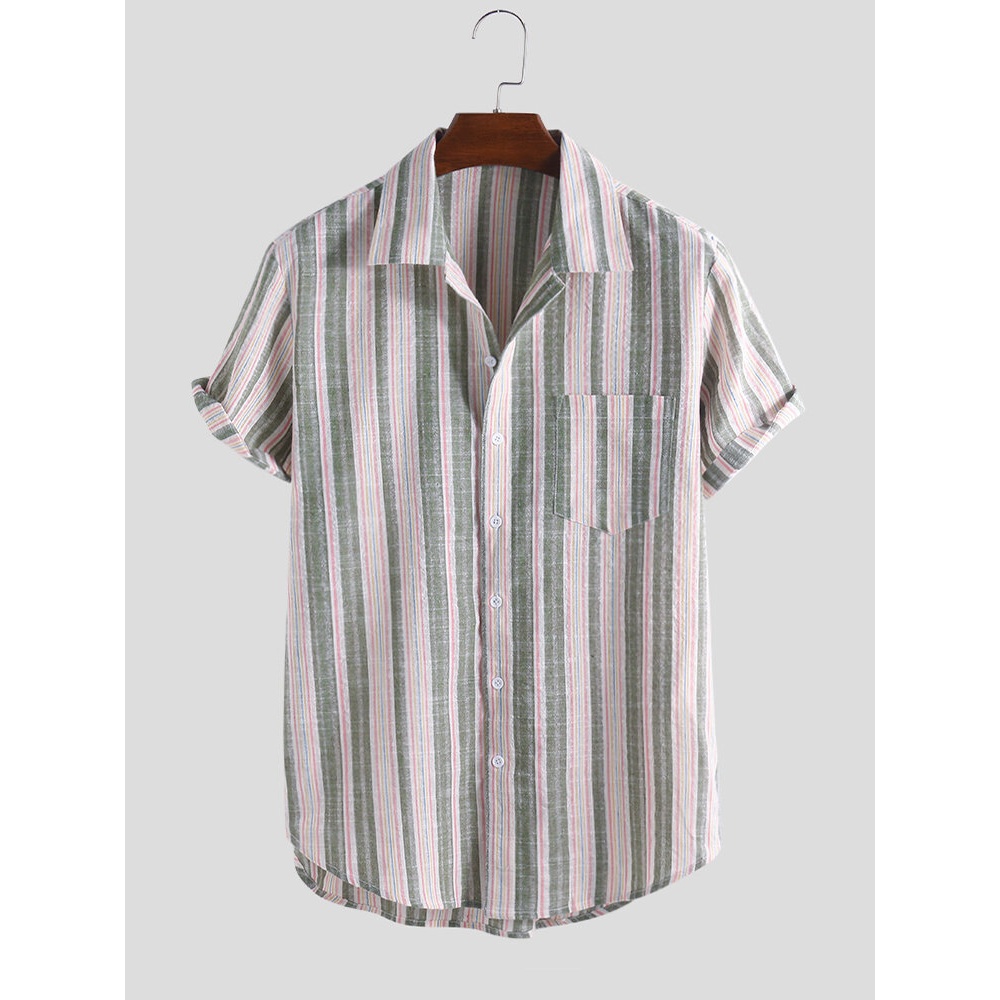 Men Cotton Vertical Stripe Short Sleeve Relaxed Shirts - 2XL Green