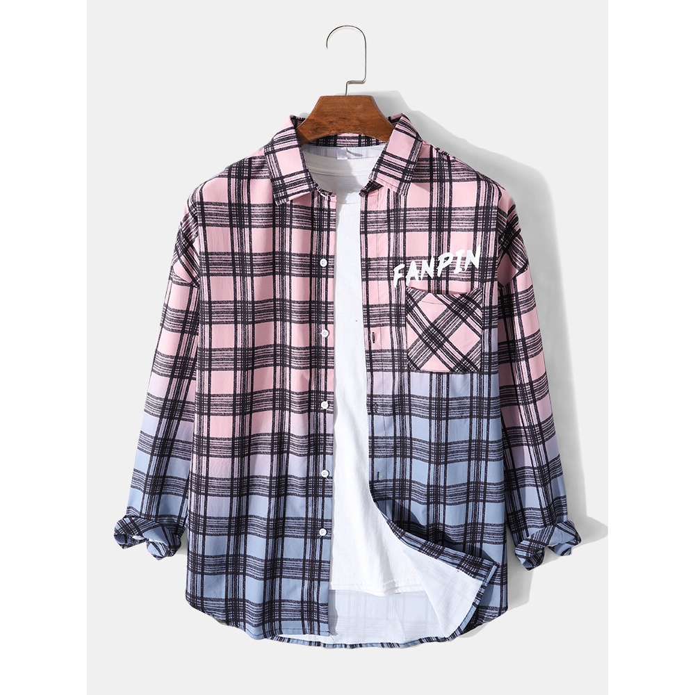 Mens Gradient Plaid Button Long Sleeve Shirt - Blue L