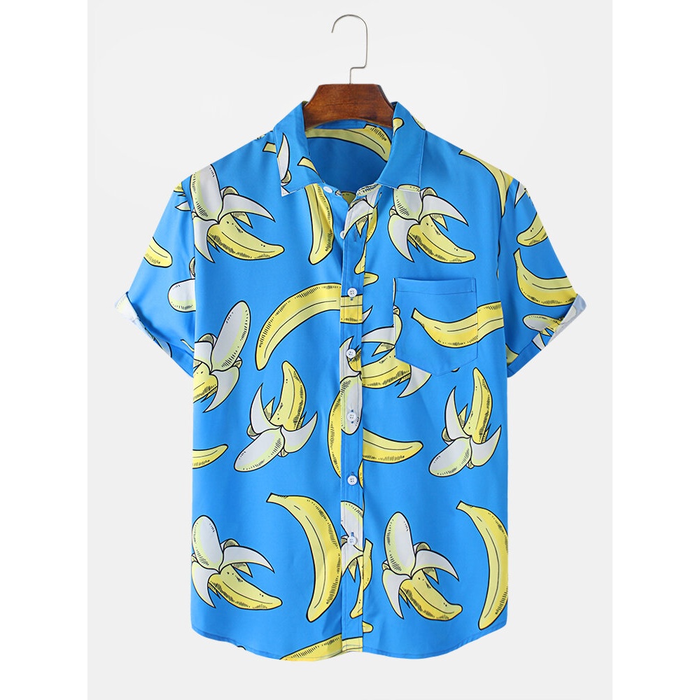 Mens Banana Print Turn Down Collar Short Sleeve Shirts - Blue 3XL