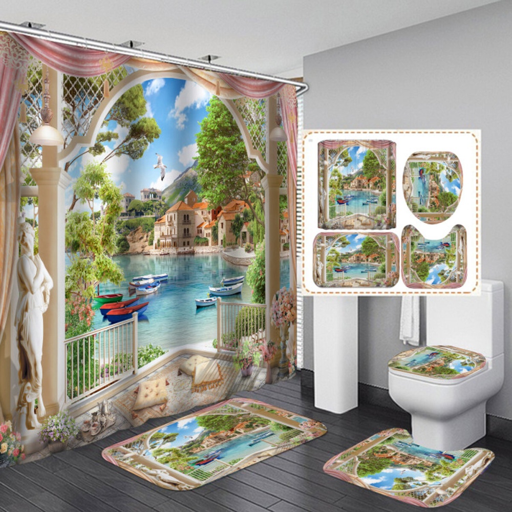 1/3Pcs Bathroom Shower Curtain Mediterranean Sea Printing Set Toilet Cover Mat - 2 - Image 2