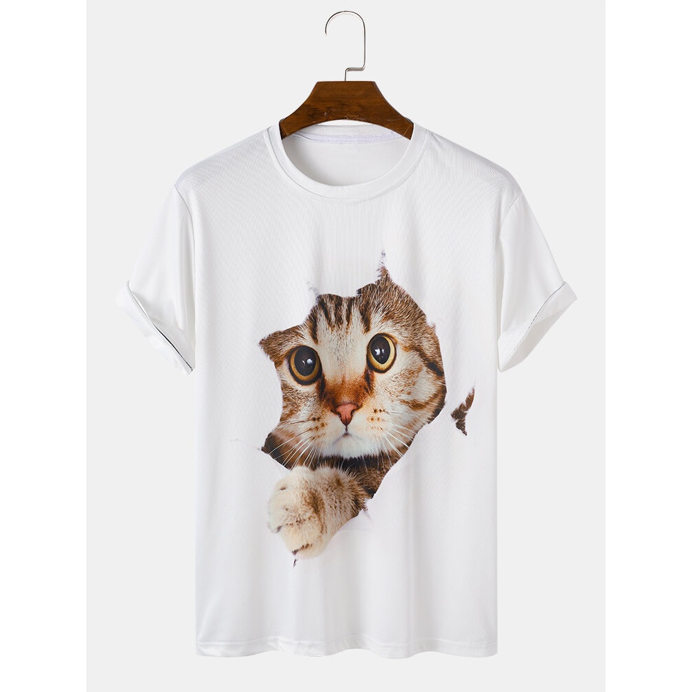 Mens 3D Cute Cat Print Solid Casual Loose Short Sleeve T-Shirt - White 3XL