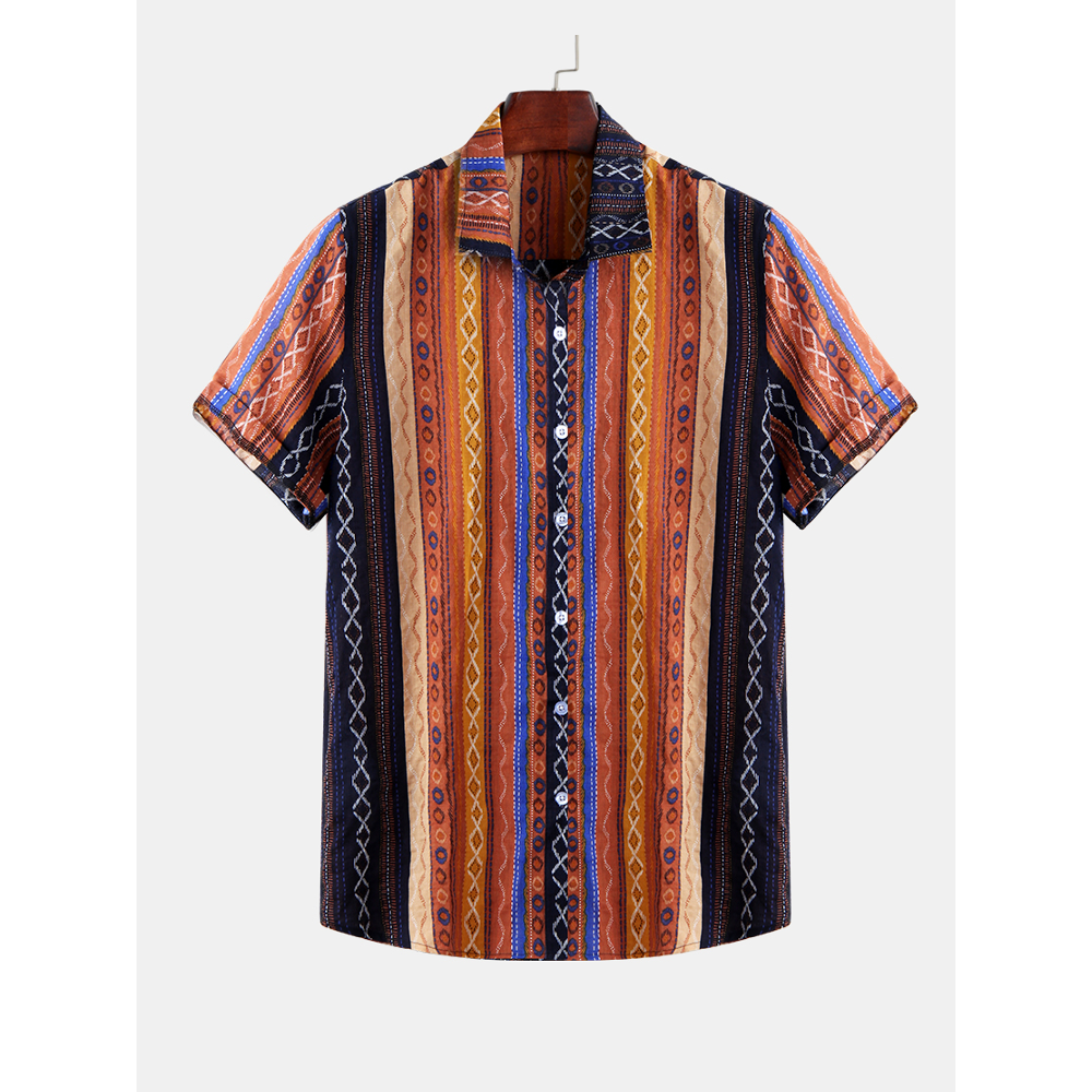Multi Color Ethnic Stripe Print Relaxed Hawaiian Shirts - 3XL Multi Color