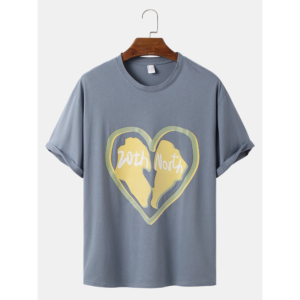 Mens Cotton Heart Shaped Print Crew Neck T-Shirts - White M