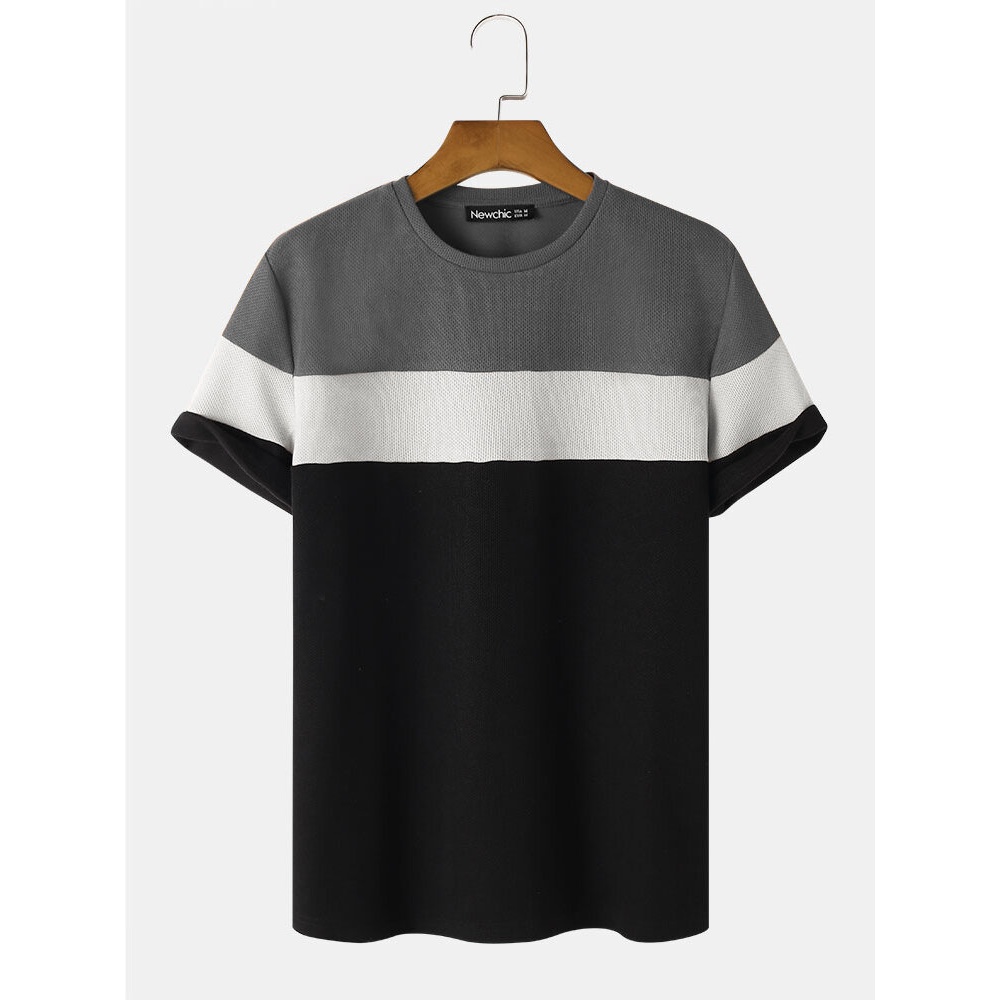 Mens Veins Patchwork Plain Color Crew Neck T-Shirts - Black S