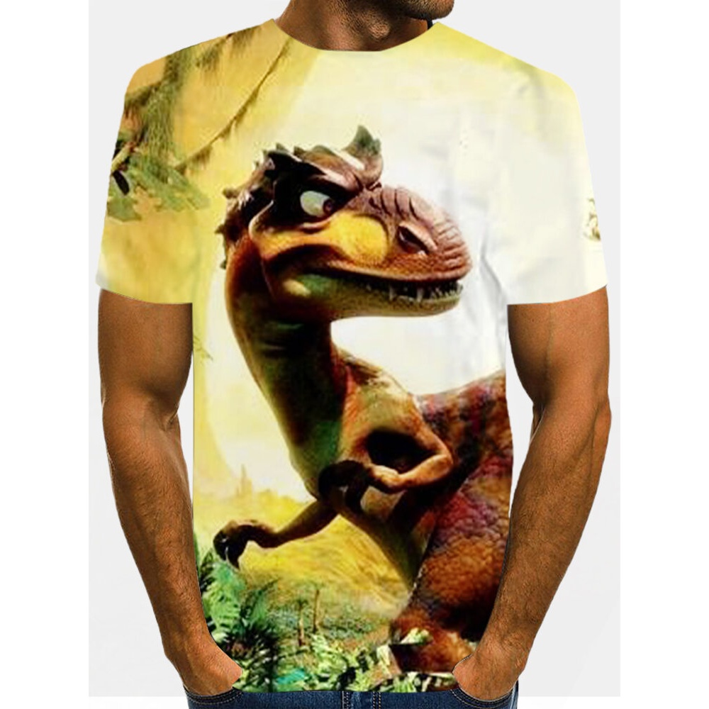 Mens 3D Cartoon Dinosaur Print Round Neck Casual Short Sleeve T-Shirts - Yellow XL
