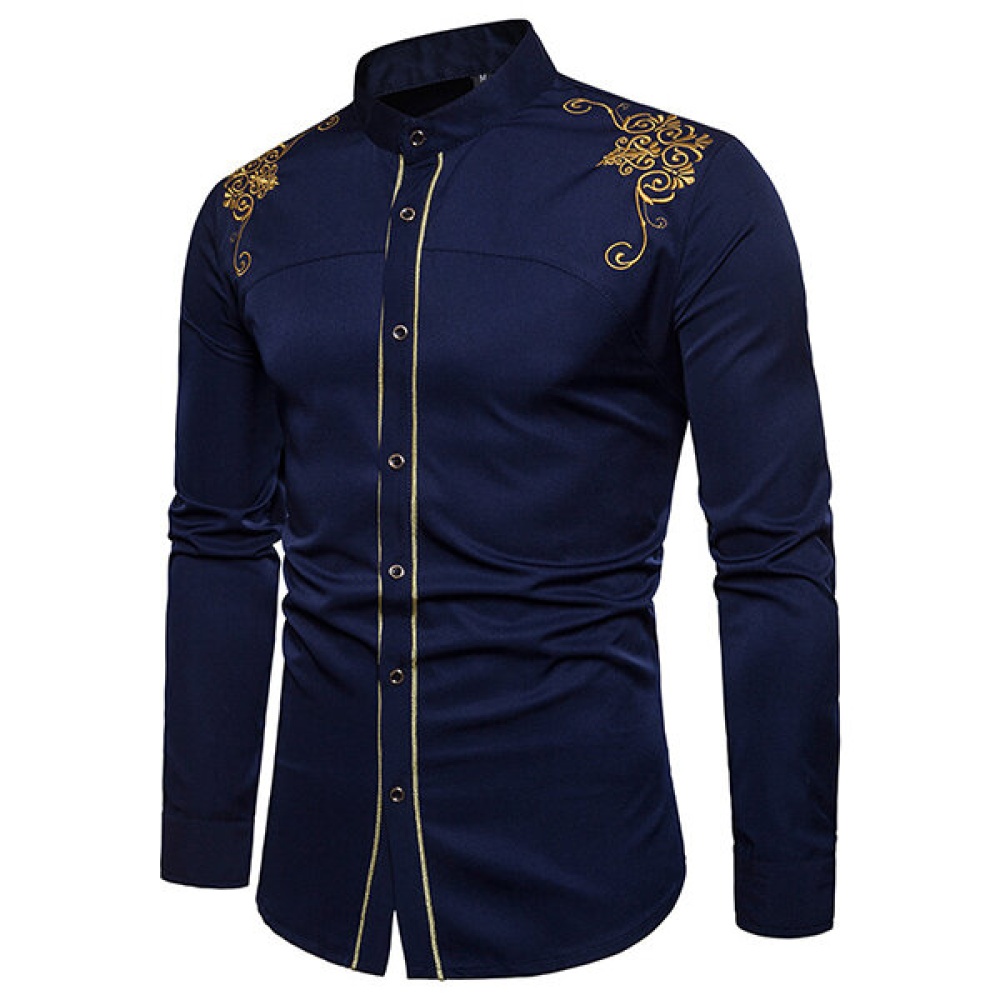 Chic Euramerica Palace Style Embroidery Slim Fit Band Collar Shirts for Men - S White - Image 2