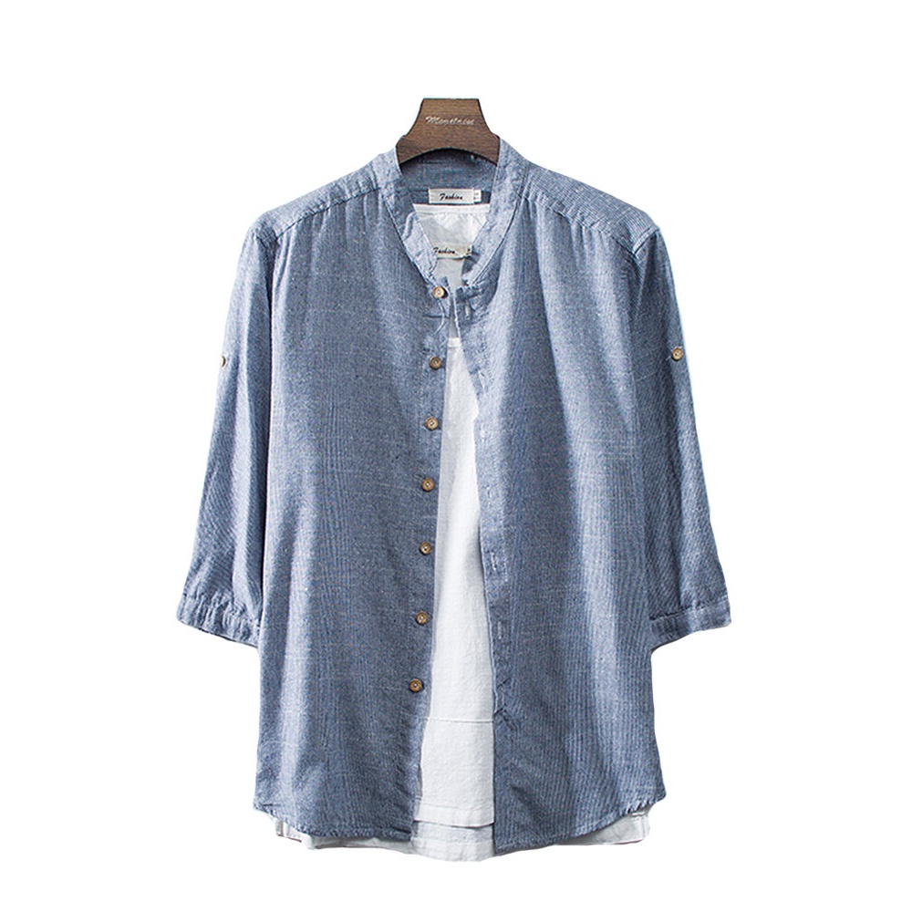 Mens Vintage Cotton Three Quarter Sleeve Shirts - M Blue Gray