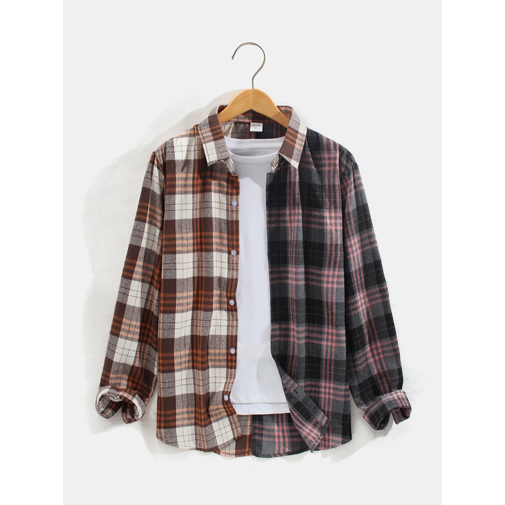 Men Lapel Patchwork Plaid Curved Hem Long Sleeve Vintage Shirts - Coffee L