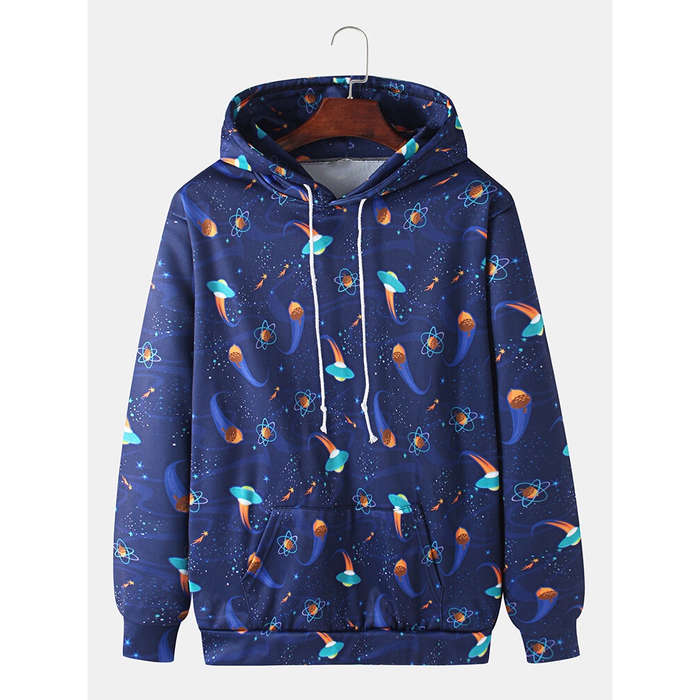 Mens Cartoon Galaxy & Planet Print Drawstring Long Sleeve Design Hoodies - Black 2XL