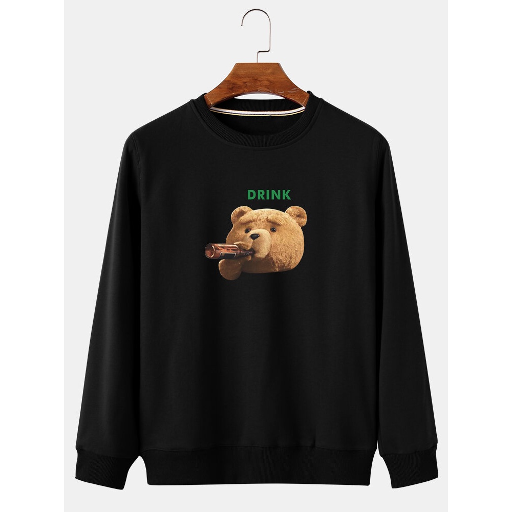 Mens Cartoon Drink Bear Print Crew Neck Cotton Casual Pullover Sweatshirts - Black L