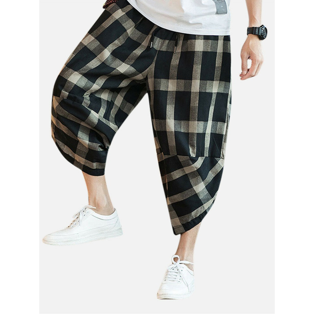 Mens Plaid Cotton Linen Loose Drawstring Calf-Length Casual Harem Pants - M Black