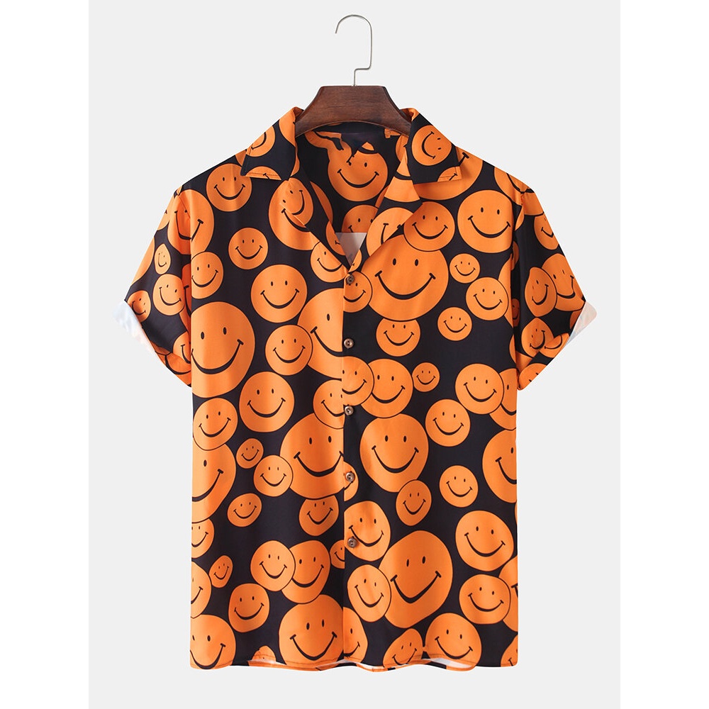 Mens Cartoon Smile Print Turn Down Collar Short Sleeve Shirts - Black S