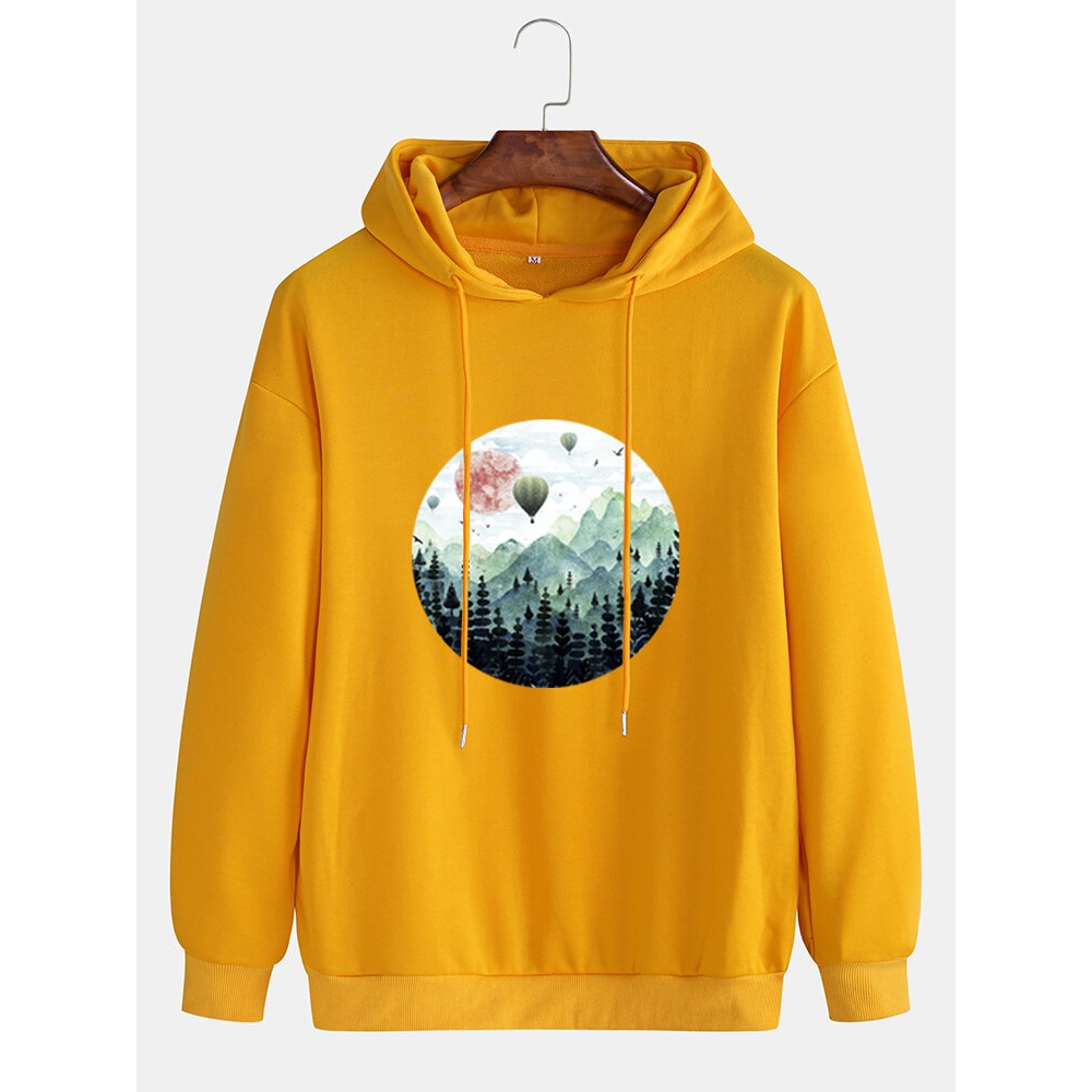 Cotton Mens Casual Art Illustration Landscape Printed Dropped Shoulder Long Sleeve Drawstring Hoodies - Black S
